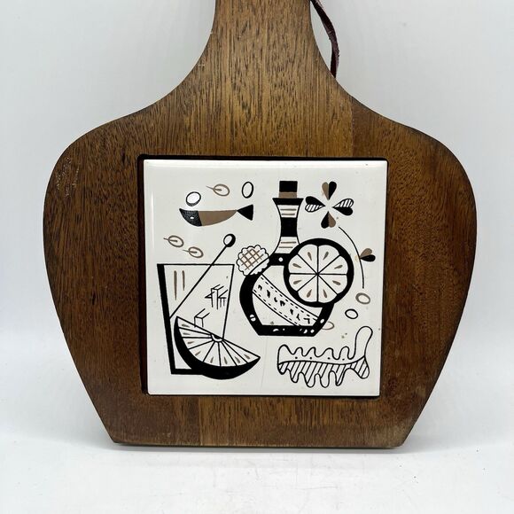 MCM Cutting Cheese Board Tray Wood Tile Barware Vintage - Picture 4 of 7